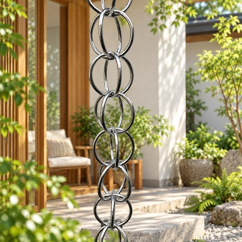 Gutter Outlet Rain Chain in Aluminum Alloy, Open Rings Structure Directs Roof Runoff Down a Continuous Vertical Hanging Chain