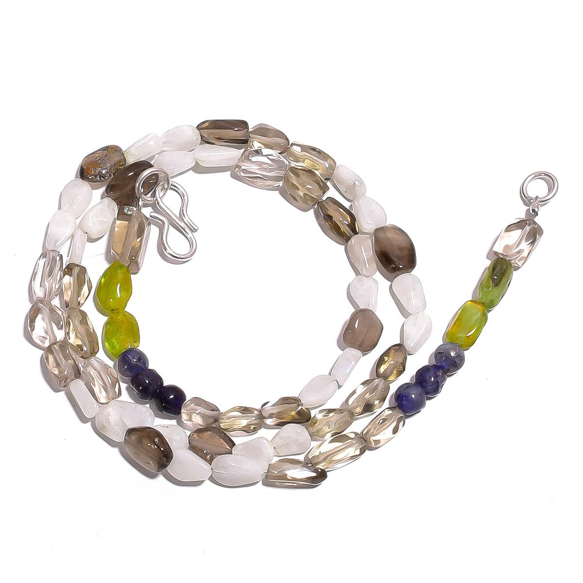 

Natural Smoky Quartz Moonstone Peridot Gemstone Smooth Beads Necklace 17 UB4253 UB-4253