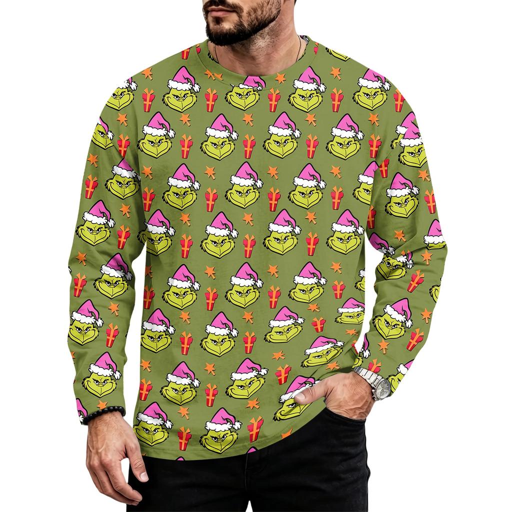 Men's Casual Loose Fit Long Sleeve Neck Tee with Christmas Print for Fall Winter