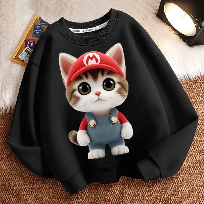 Cute Cat Round-neck Sweatshirt for Children, Long-sleeved Casual Sweatshirt for Boys and Girls in Spring and Autumn