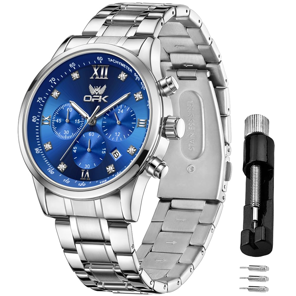 

OPK Quartz Watch with Stainless Suitable for School and Blue Men s Date, Waterproof, Luminous, Diamond, Stylish, Classic, Multifunctional, Steel,