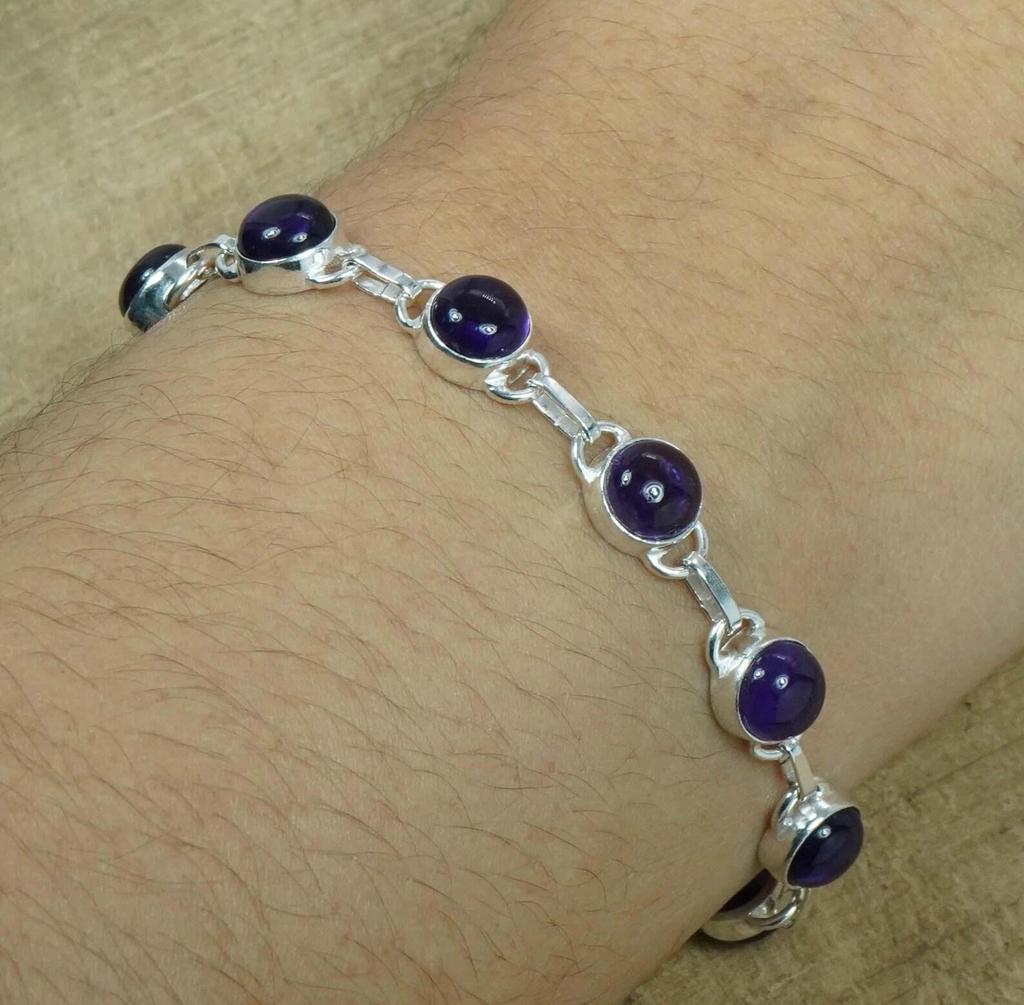 Solid 925 Sterling Silver Round Amethyst Gemstone Bracelet Gift For Her Women Bracelet