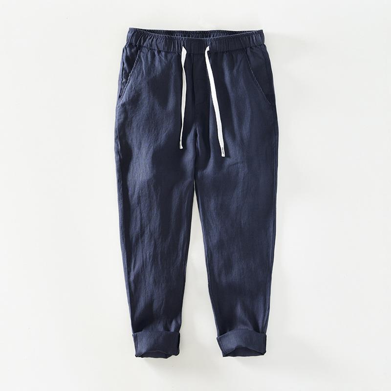 Мужские льняные дышащие летние повседневные брюки на кулиске - однотонные M