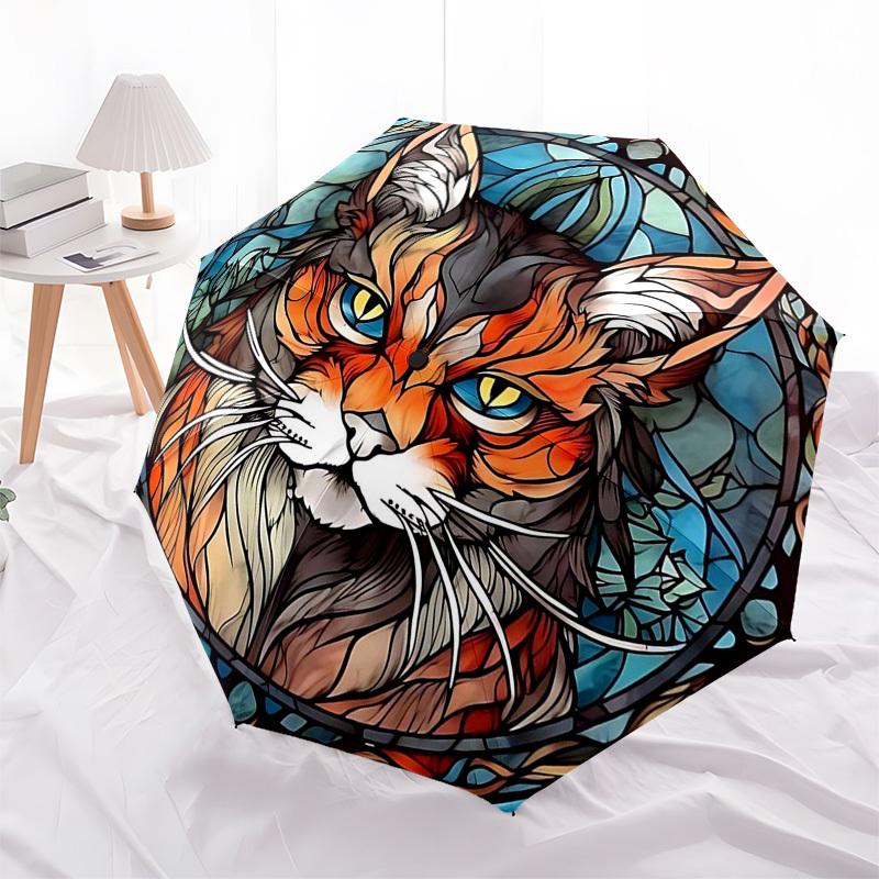 1pc Stained Glass Cat Design Automatic Opening Folding Umbrella with 8-Bone Iron Frame - Portable Outdoor for Fans, Travelers, Everyday Use, Festive G