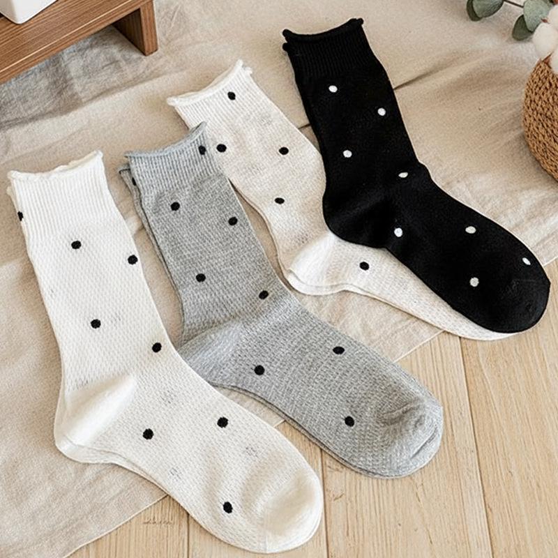 Women's Retro Polka Dot Gray Cotton Mid-Calf Socks - Breathable, Rolled Hem, Ballet Style for Spring & Autumn