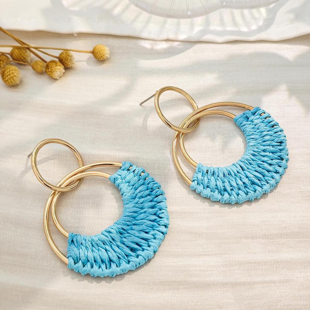 Bohemian Retro Round Geometric Hollow Rattan Earrings for Women