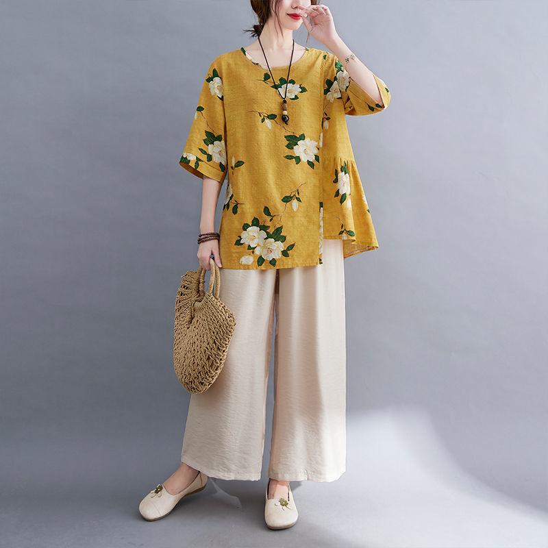 Móda pro matky středního věku Letní bavlněný a lněný oblek Letní luxusní nadměrná velikost Dvoudílný set s krátkým rukávem Tričko s krátkým rukávem + Kalhoty se širokými nohavicemi