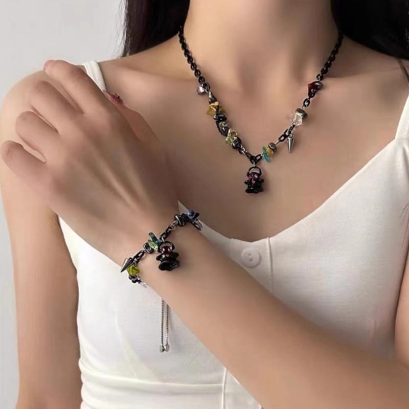 Adjustable Collarbone Chain Colorful Specter Pendant Necklace Stylish Beaded Bracelet Perfect for Fashion Enthusiasts