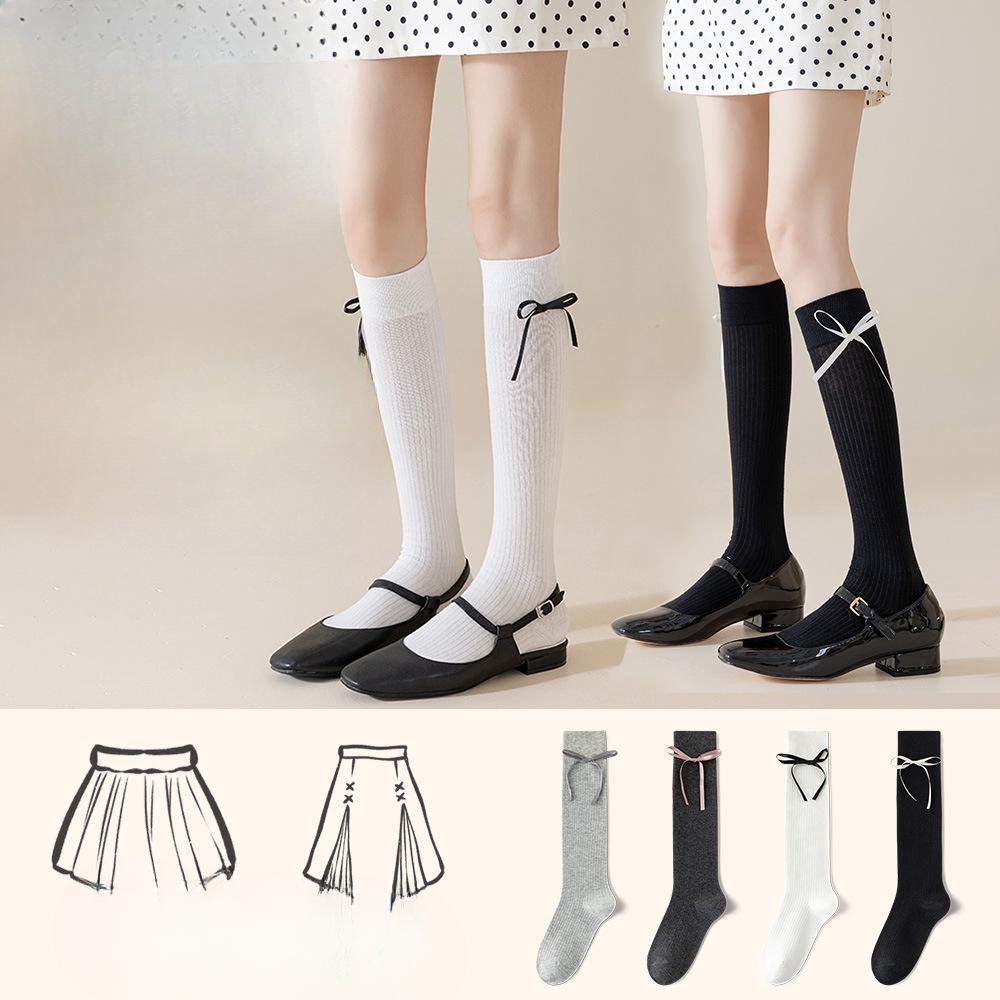 Ladies Spring and Summer Solid Color Sweet Tie Bow Calf Socks