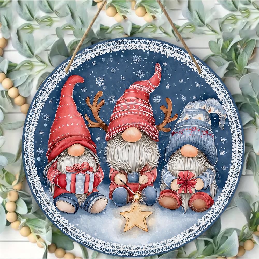 Festive Christmas gnomes pattern Round Wooden Hanging Plaque winter holiday wall art decor farmhouse indoor front door sign home ornament