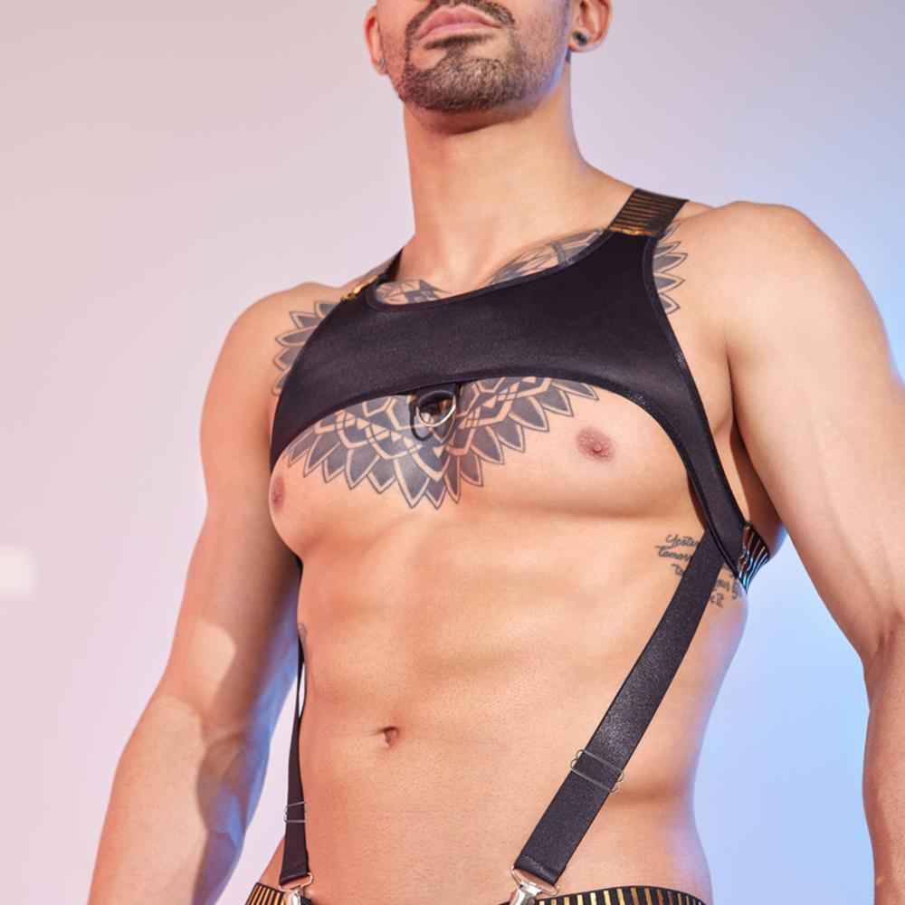 Sexy Men Stripe Tank Top Elastic Shoulder Strap Top Bandage Muscle Man Vest Strap Sheer See Through Fashion Top Home Wear