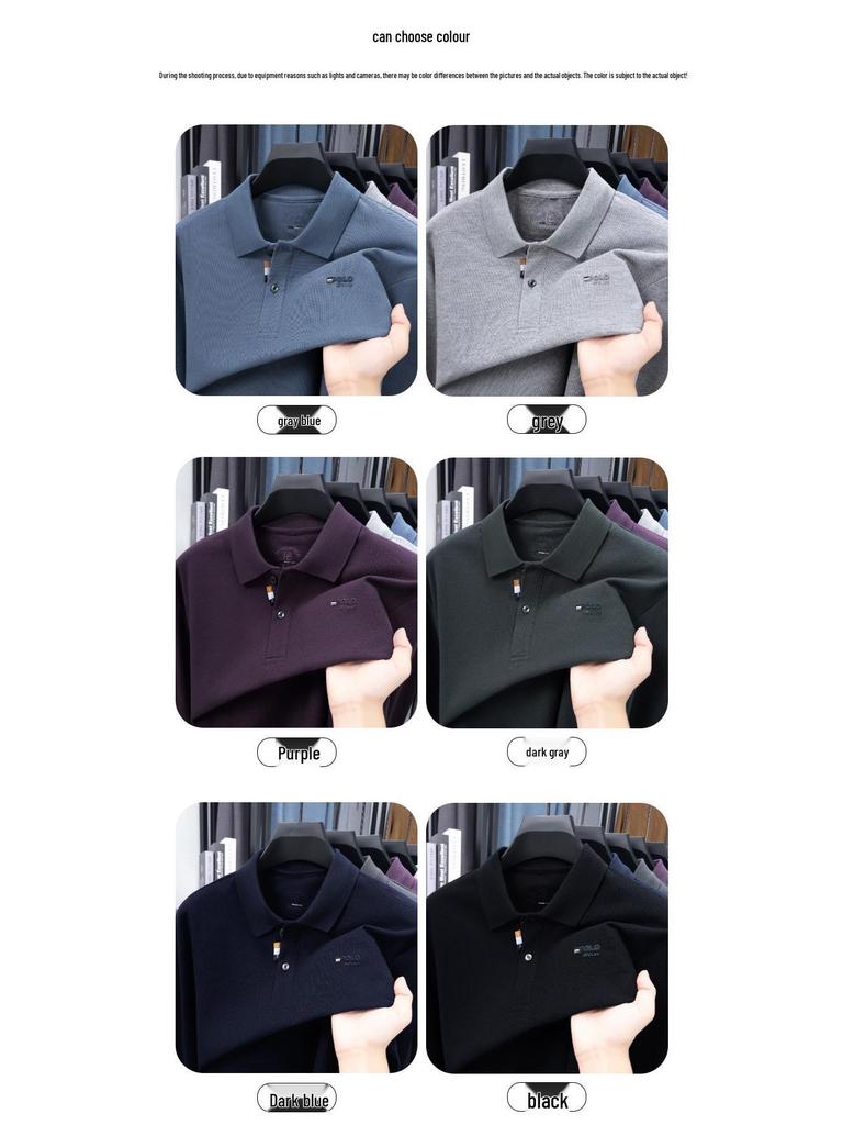 Men's Autumn Turn-Down Collar Long Sleeve Polo Shirt - Solid Color Embroidered & Loose Fit