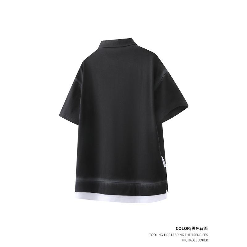 Men Turn Down Collar Short Sleeve Polo Shirt Gradient Washed Fake Two Piece Loose Casual Tops