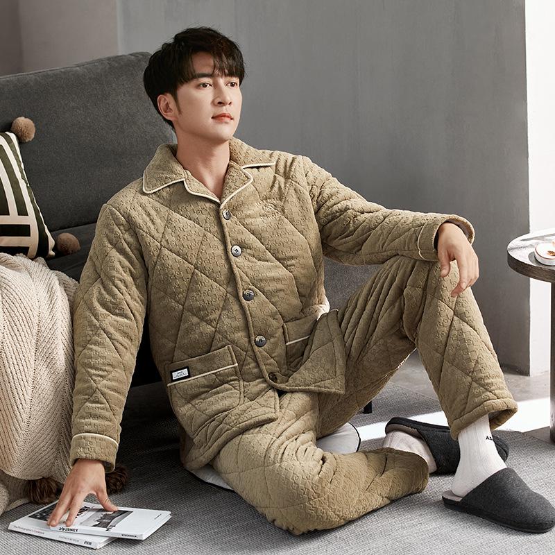 

Пижама мужская зимняя трехслойная утолщенная ультратолстая с хлопковой набивкой флис коралловый флис фланель домашняя одежда осень и зима зима 3XL