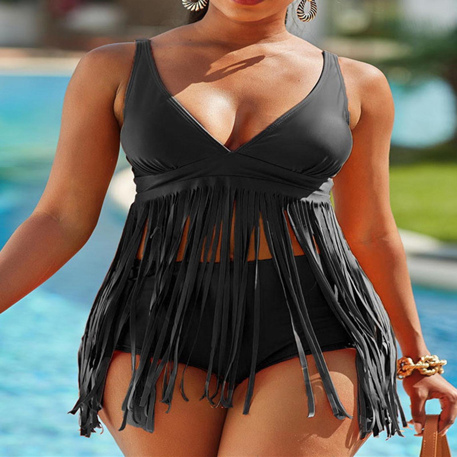 

Женский модный сексуальный купальник бикини с высокой талией и кисточками, пляжный купальник M чёрный