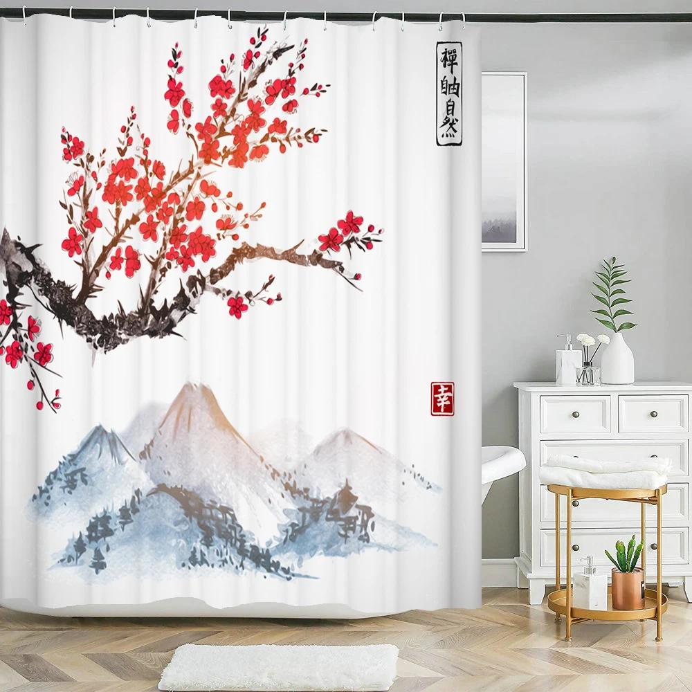 Japanese-style 3D Mount Fuji and Flower Print Shower Curtain With Hook Natural Landscape Home Decoration Bathroom Curtains