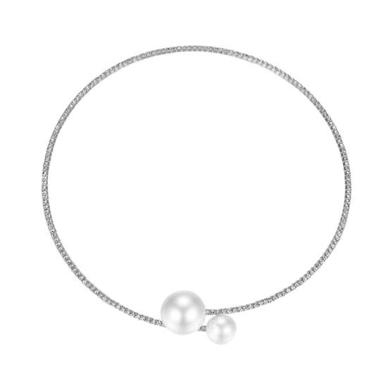 2Pcs/Set Women Elegant Faux Set Pearls Shiny Rhinestones Jewelry Adjustable Open Collar Necklace Bangle Set