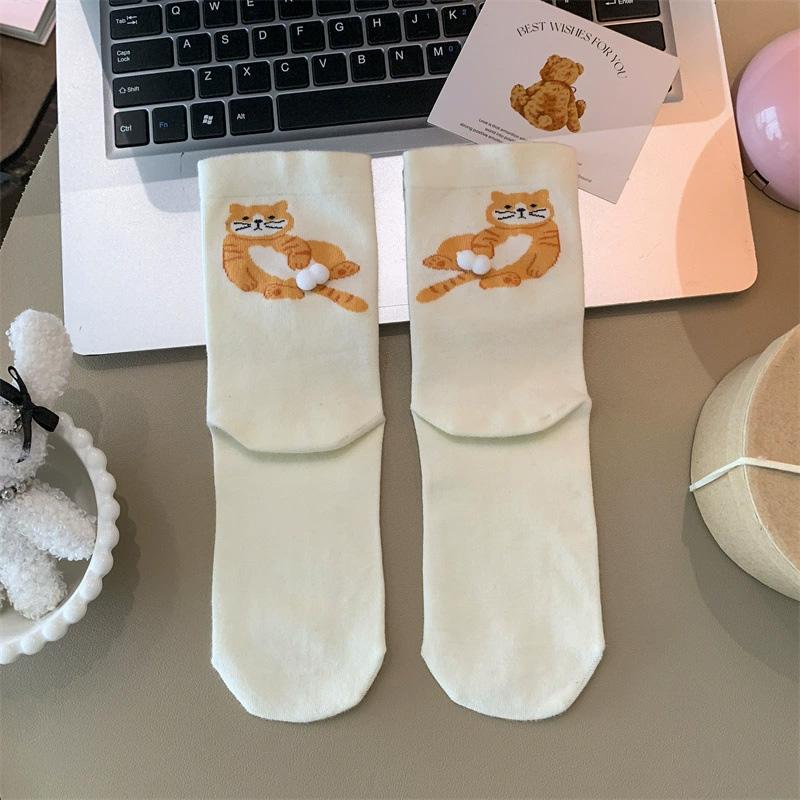 

1 пара трехмерных носков с мультяшным кошачьим узором, удобные, с принтом, приятные к коже, многоэлементные, с животным, в виде яйца, хлопковые носки белый