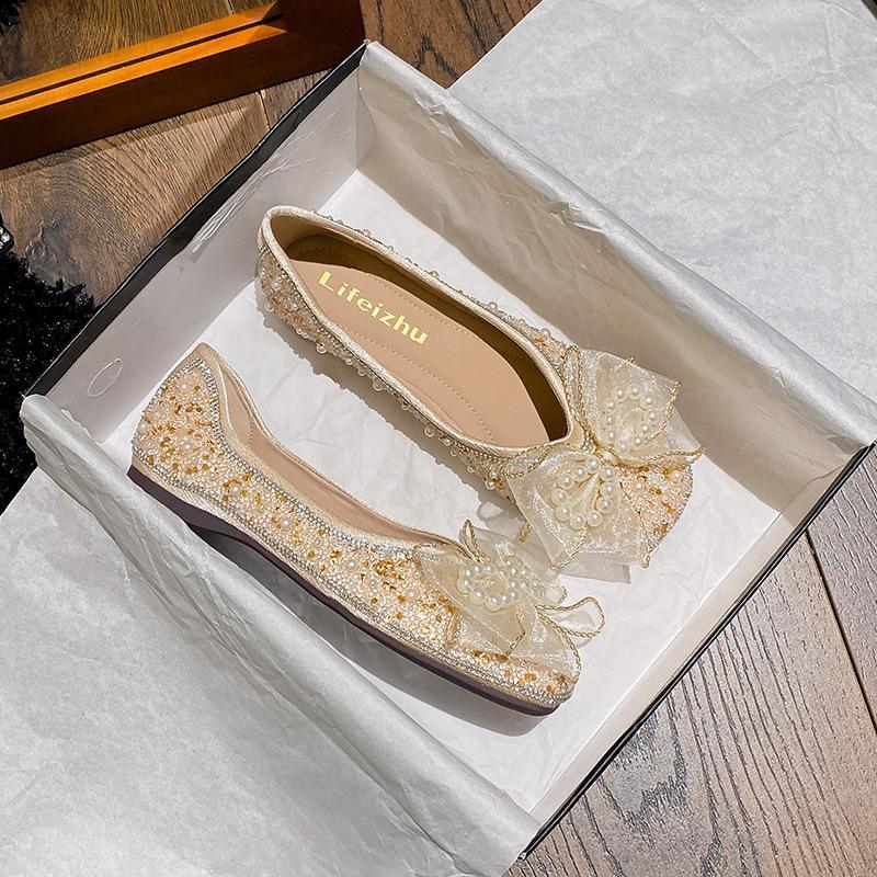 Mode süße Spitze Schleife Ballerinas Damen Designer Perle Schleife flache Schuhe Kristall Perlen Slip-On Loafers Damen Partyschuhe große Größe 43