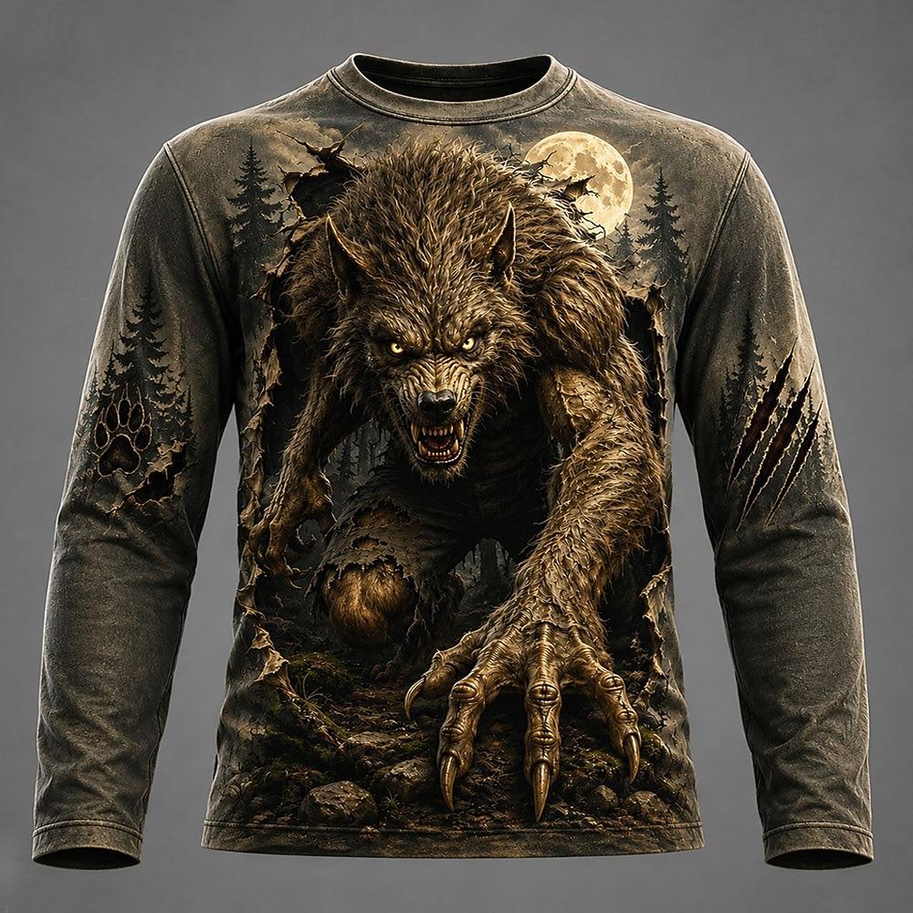Men's Ripped Paper Werewolf 3D Print Long Sleeve T-Shirt Full Moon Claw Skull Punk Gothic Crew Neck Casual Streetwear Top