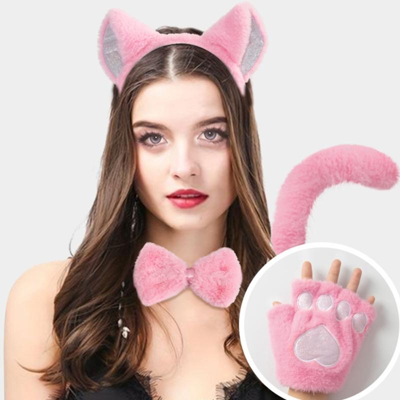 Cats Ears Headbands with Tail Cats Tail,Glove Bowtie Halloween Cosplays Costume