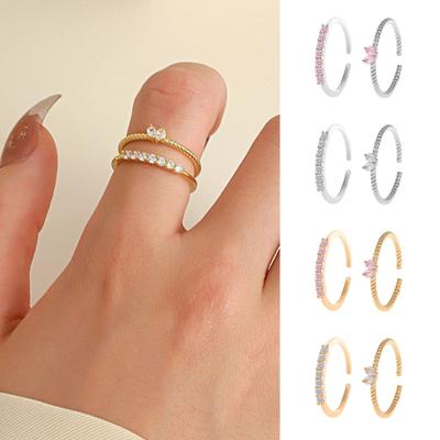 2/4Pcs Finger Ring Heart Shining Cubic Zirconia Inlaid Opening Adjustable Finger Band Jewelry Accessory