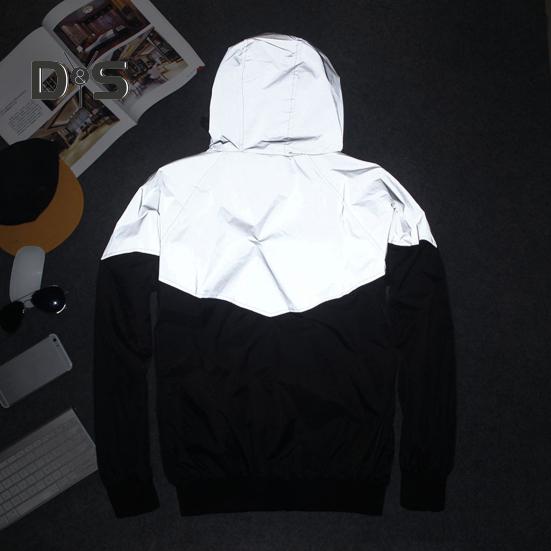 Men Autumn Windbreaker Hooded Drawstring Long Sleeve Reflective Color-Blocked Jacket Coat Zipper Placket Pockets Street Style Outwear