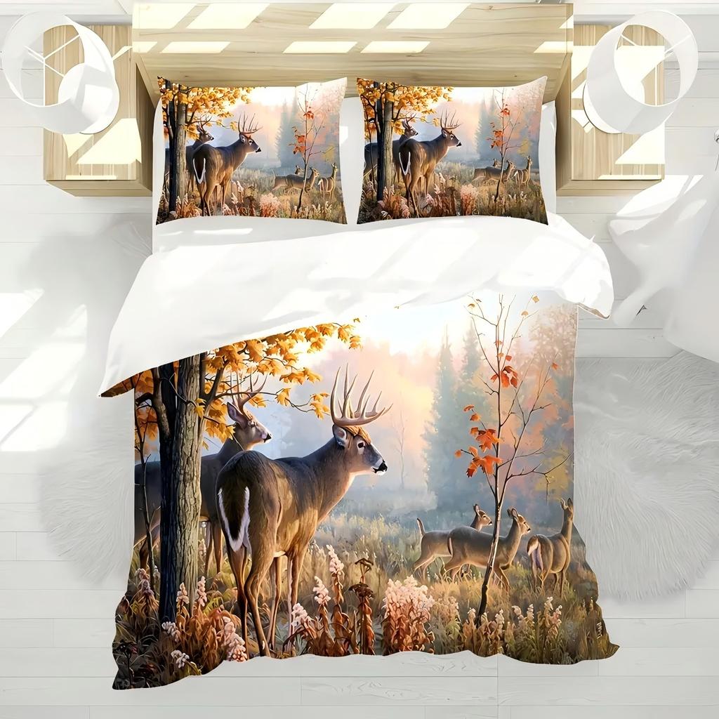 Deer Floral Pattern 3D Printed Duvet Cover Retro Artistic Style Bedding Set For Kids Teens Adults Wildlife Theme Quilt Cover