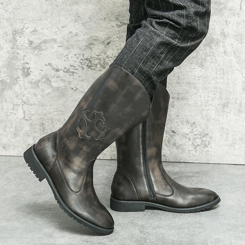 Bottes Western Cowboy en Cuir Mi-Mollet Style Européen & Américain pour Homme avec Fermeture Éclair