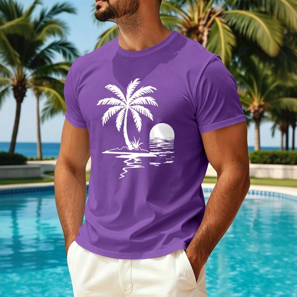 Men's Summer Hawaiian Print Crew Neck Ice Silk Shirt Casual Quick Dry Short Sleeve Sun Protection Top for Outdoor Activities