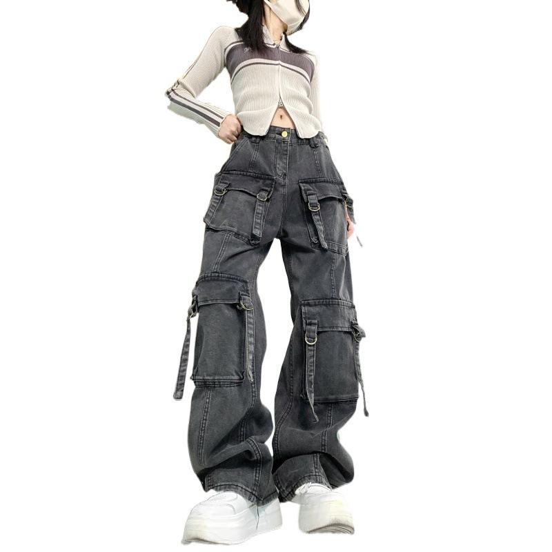 

Постиранные и потертые джинсы. Женские темно-серые брюки для рабочей одежды с несколькими карманами. Свободные драпированные широкие брюки. L темно серый
