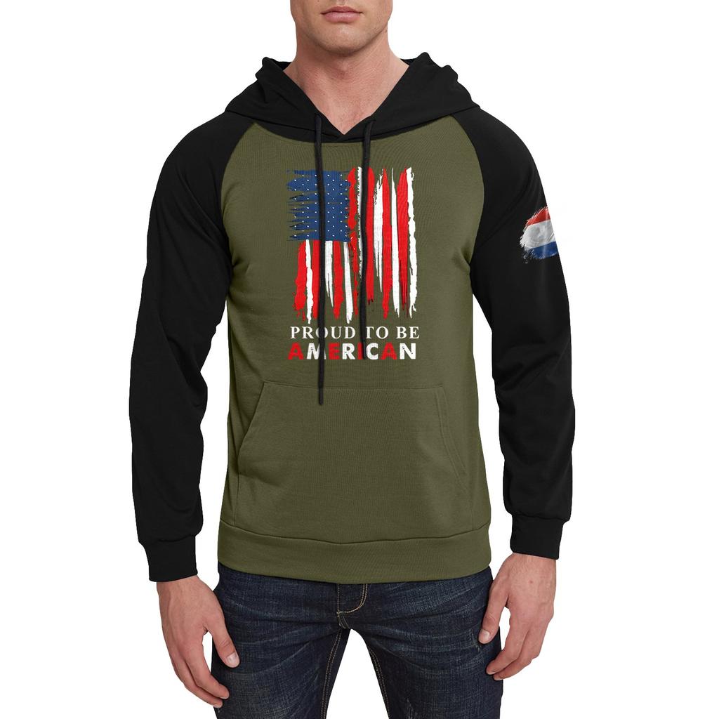 Men's Casual Hooded Drawstring Long Flag Print Sweatshirt With Pockets
