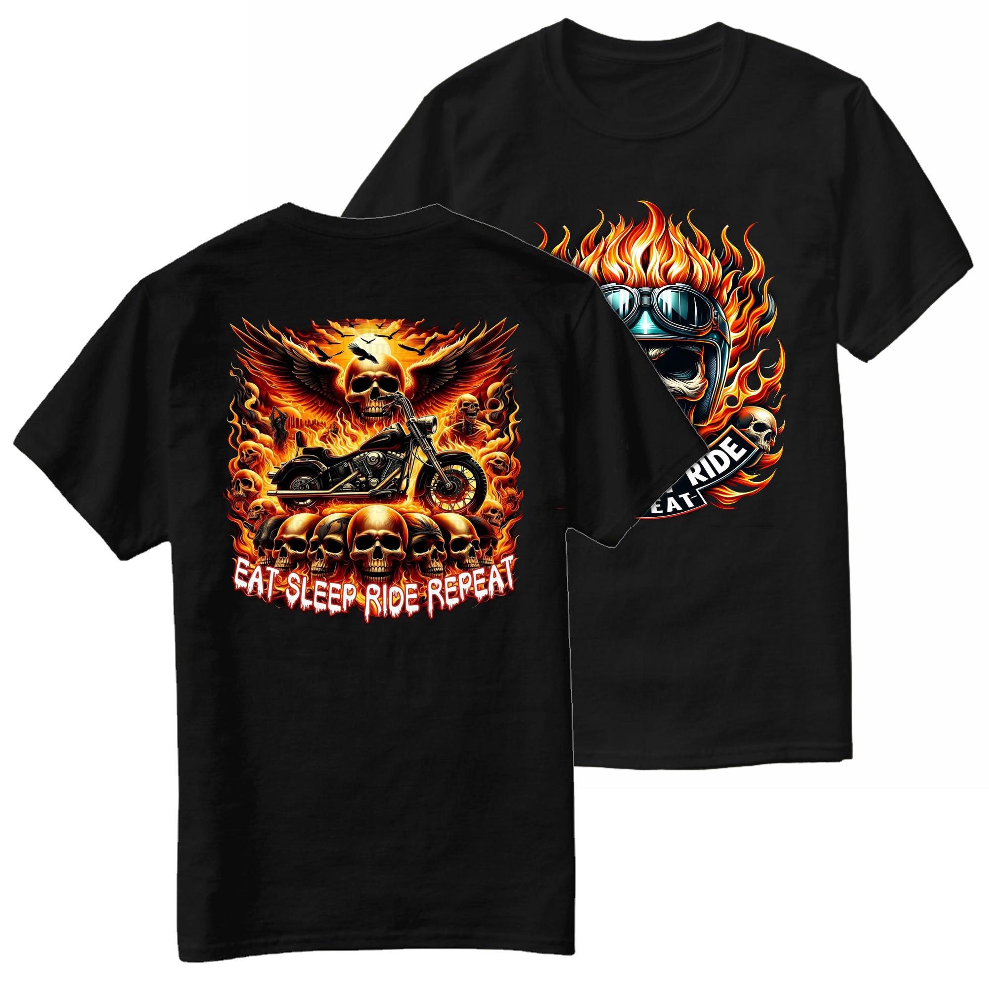 Ешь Спи Катайся Повторяй Пламя Мотоциклист Череп Мотоциклист Футболка 100% Хлопок Круглый Вырез Короткий Рукав Повседневная Мужская Футболка S