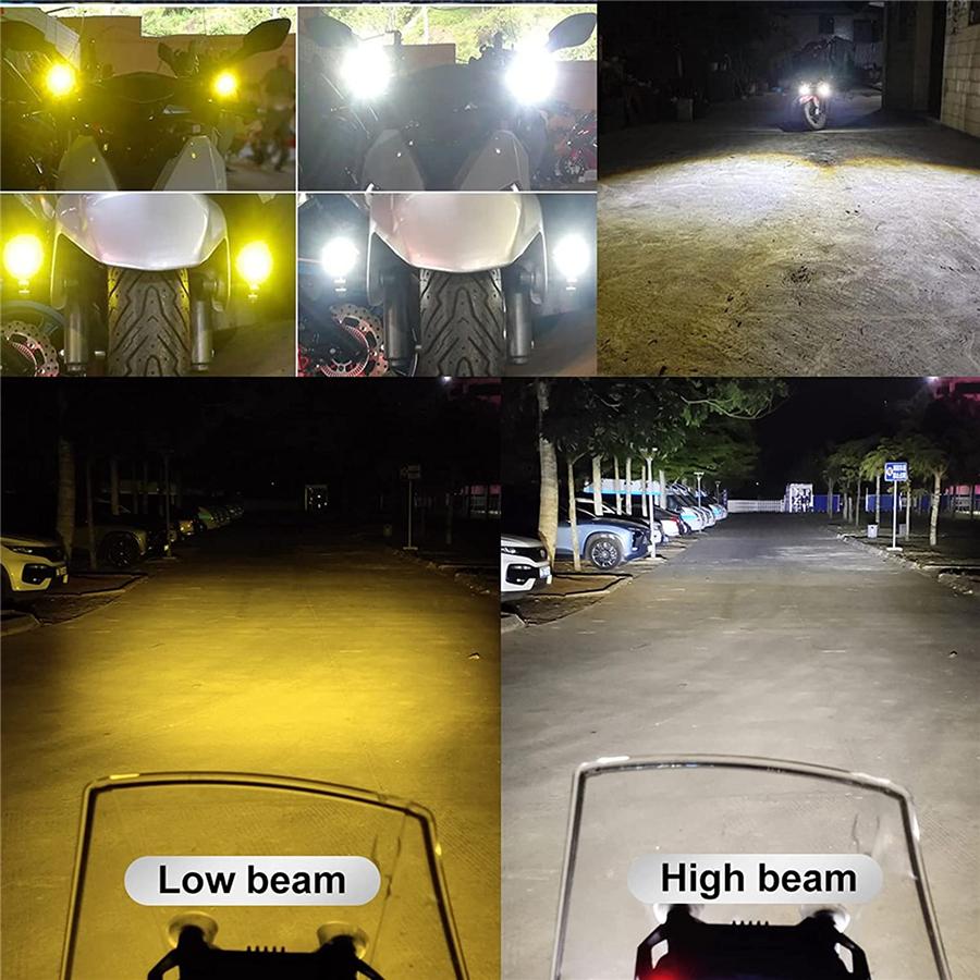 Pair of Miniature LED Motorcycle Floodlights, Yellow and White Light, High/low Beam, Projection Lamps