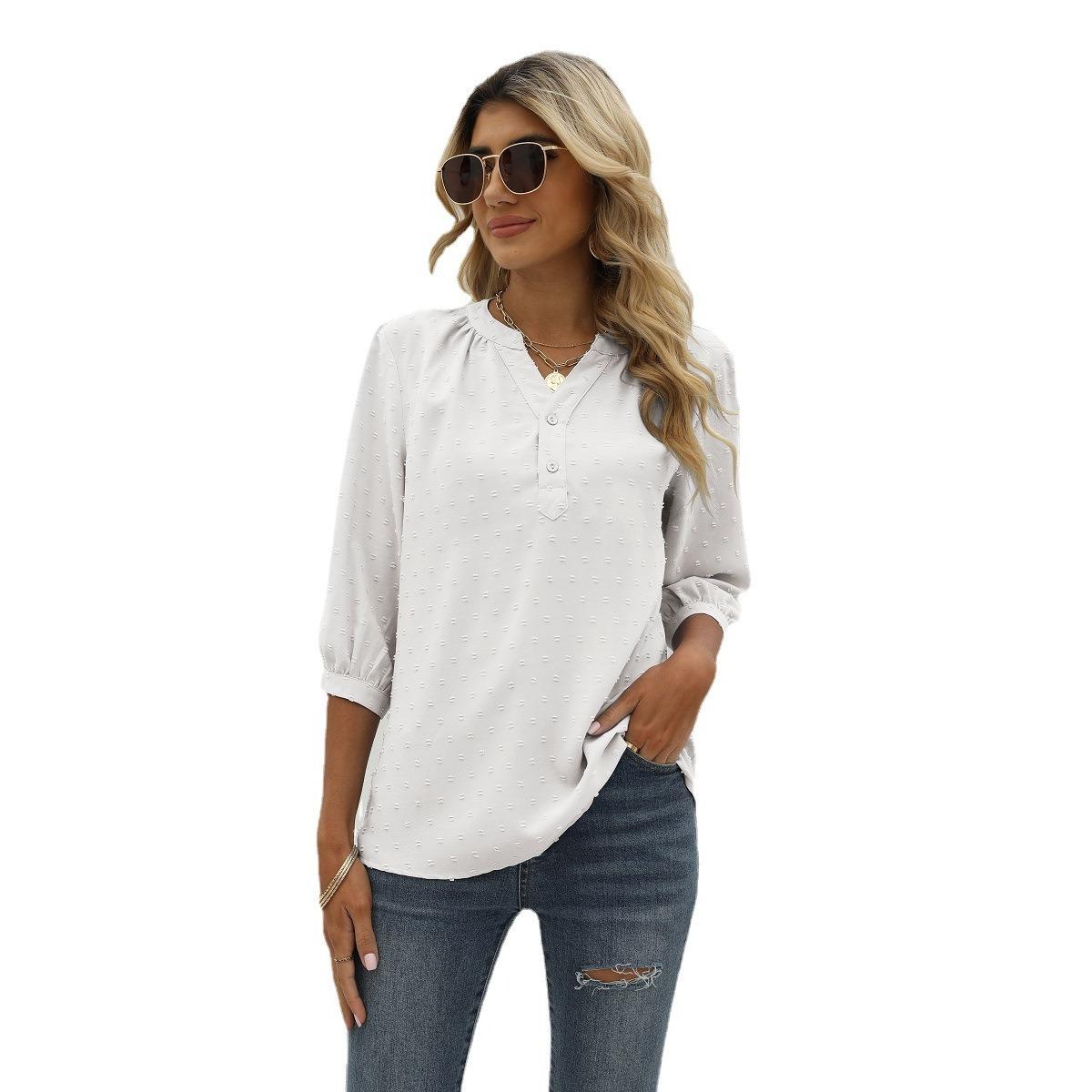 

Spring Summer European American Women s Jacquard Pom-pom Stand Collar Half Sleeve Loose Casual Blouse Top S белый