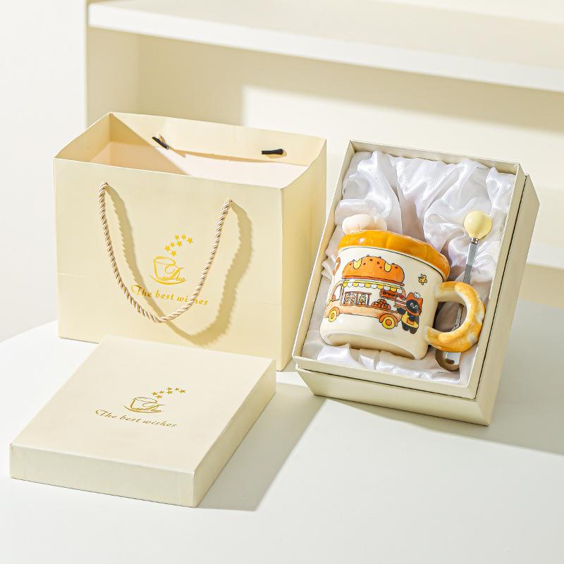 Korean Creative Bread Mug Cartoon Cat Ceramic Cup with Lid Household Water Cup Birthday Gift Souvenir