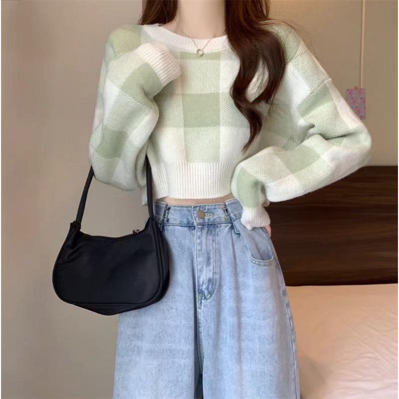 

Autumn and winter new plaid short knitted sweater women s high waist versatile and thin waist soft waxy sweater top women average size