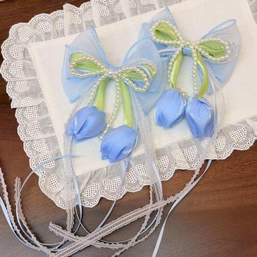 Chiffon Bowknot Chiffon Tulip Hair Clips Pearl Flower Bow Hairpin  Girl Hair Accessories синий