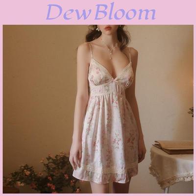 French Floral Satin Sleepwear Set With Deep V Neck And Padded Bust For Women
