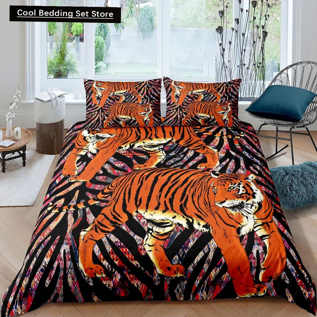 Cartoon Tiger Duvet Cover King Queen Animal Forest Theme Bedding Set for Kids Boys Girls Jungle Wildlife Polyester Quilt Cover
