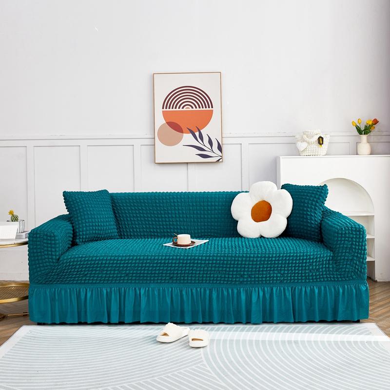

Decorative Seersucker Wingback Slipcover With Elegant Skirt Soft Stretch Armchair Cover Washable Furniture Protector for Sofa 2-seat 145-185cm небо синє кольору