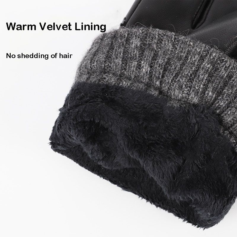 Winter Genuine Sheepskin Leather Gloves Men Warm Velvet Lined Full Finger Touchscreen Outdoor Cycling Driving Motorcycle Gloves