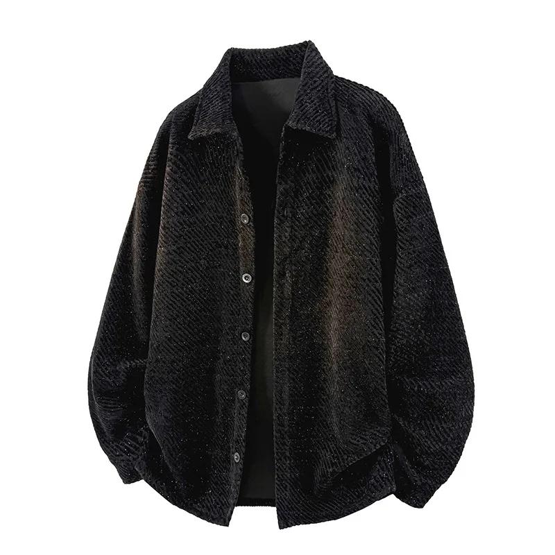 

2026 Autumn Men Knitted Long Sleeved Shirt Men Vintage Trendy Lapel Shirt Jacket Man Heavyweight Shirts Loose Casual Outerwear 3XL чорний