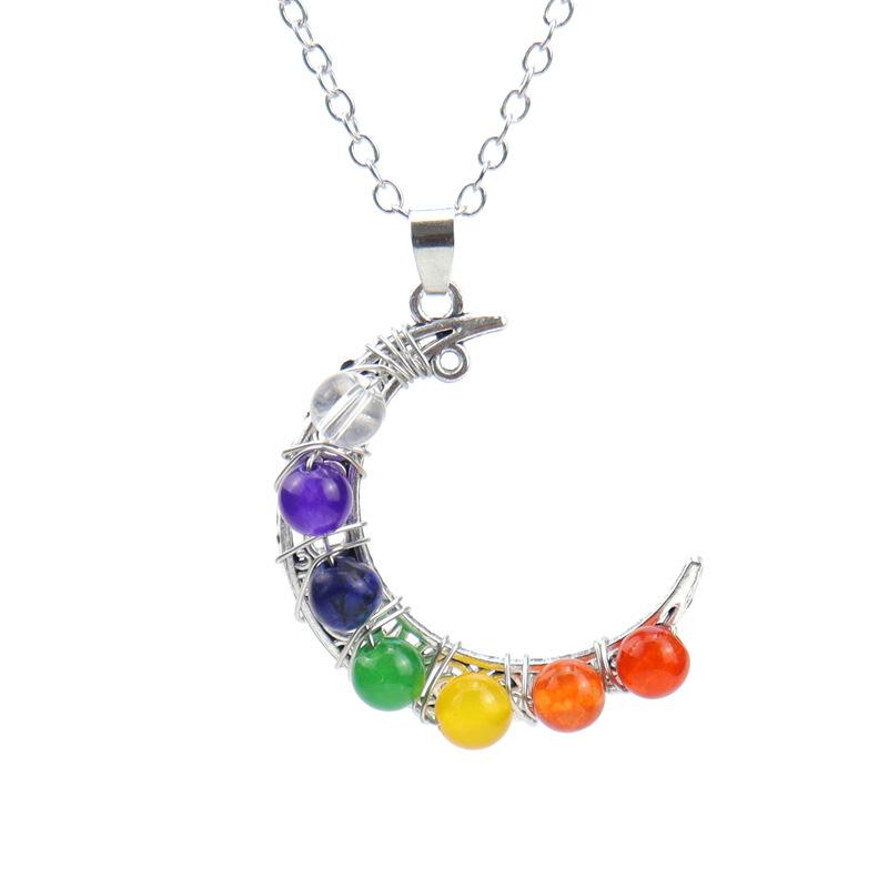 Vintage Handmade Colorful Beads Agate Beads Crystal Beads Moon Pendant Necklace N552