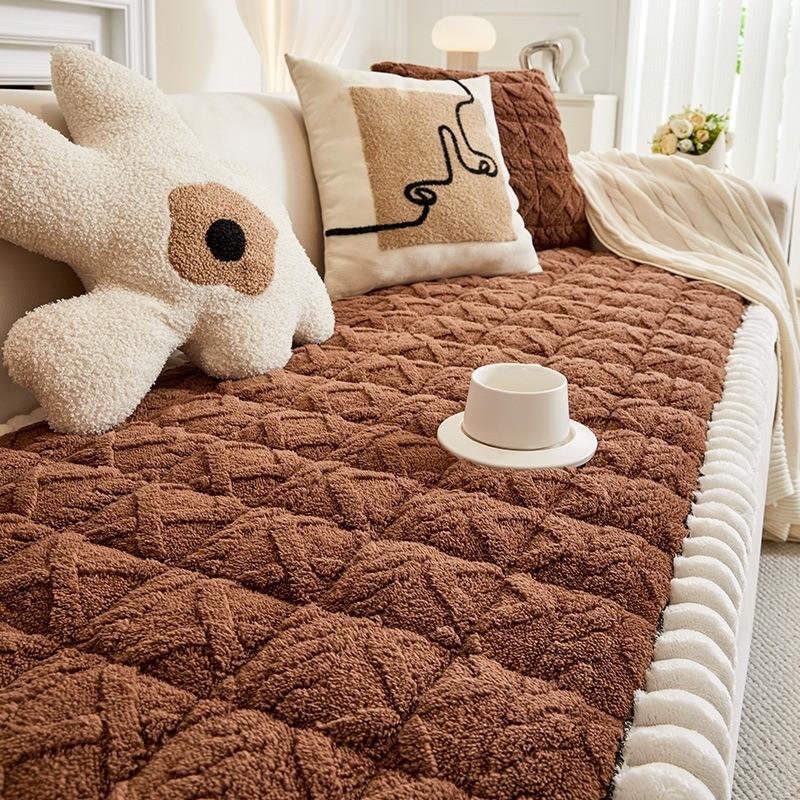 Solid Color Thicken Plush Sofa Cover Simple Furniture Protector Universal Non-slip Washable Couch Blanket for Living Room