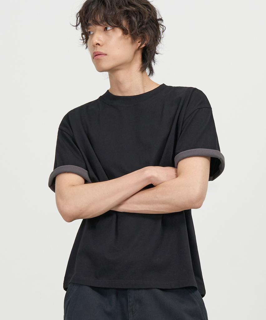 EXCONTAINER Sleeve Layered Crop Half T-Shirt (Black)