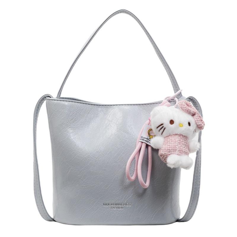 

Popular simple oil wax leather casual versatile portable bucket bag fashionable daily commute solid color messenger women s bag синий