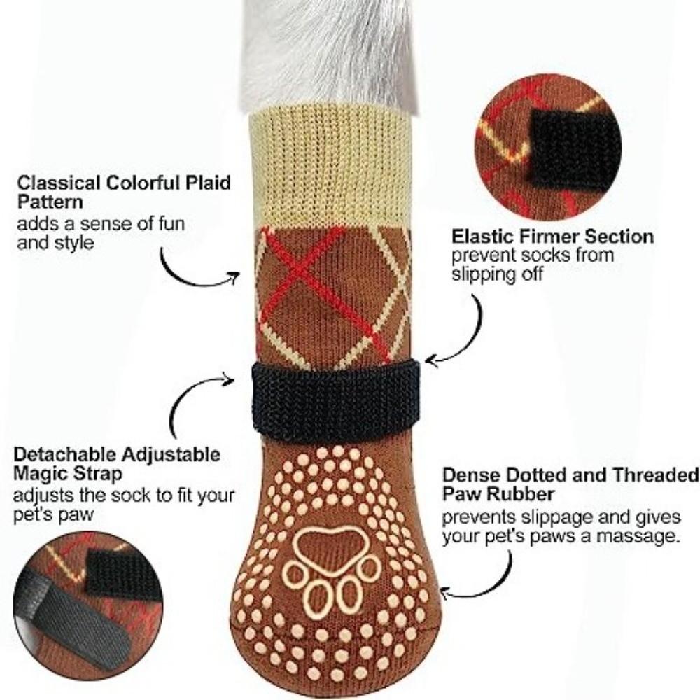 4pcs/set Thickened Anti-Slip Dog Socks Breathable Comfortable Dog Foot Covers Adjustable Knitted Pet Paw Protector Indoor Use