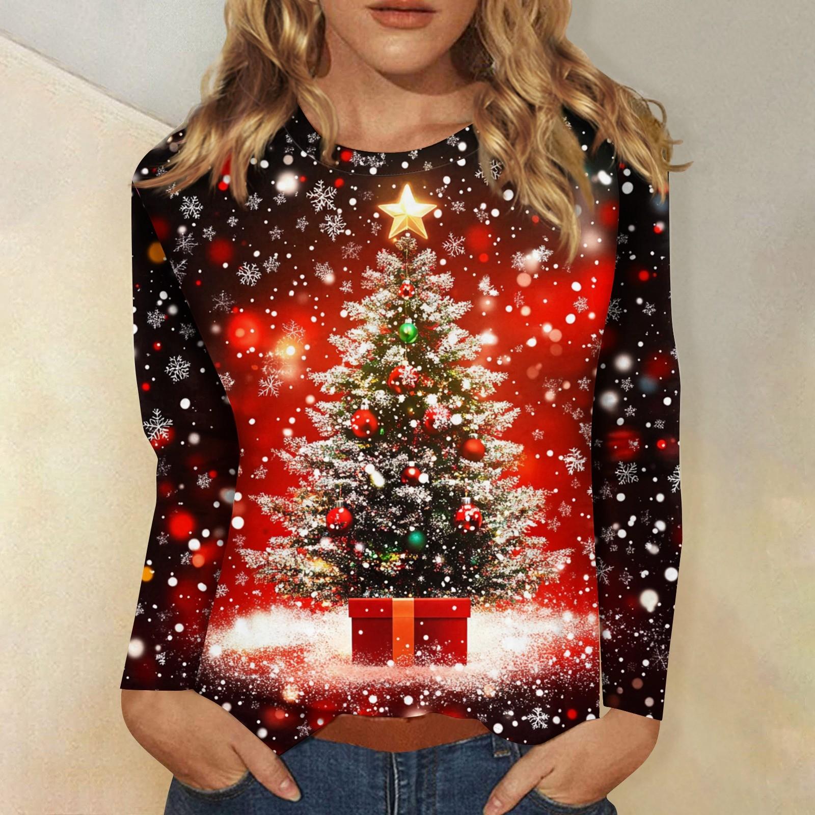 

Рубашки с длинным рукавом для женщин Милые принты Футболки Блузки Повседневные Большие размеры Базовые топы Пуловеры Рождественские XXXXXL красный