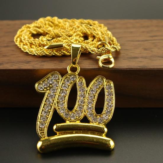 Men Hip Hop Twist Chain Rhinestone Number 100 Pendant Necklace Street Jewelry